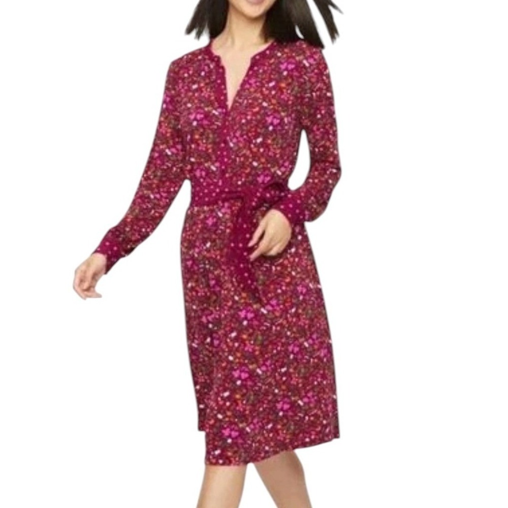 Talbots Womens Burgundy Floral Knit Midi Dress Long Sleeve Tie Waist Large
